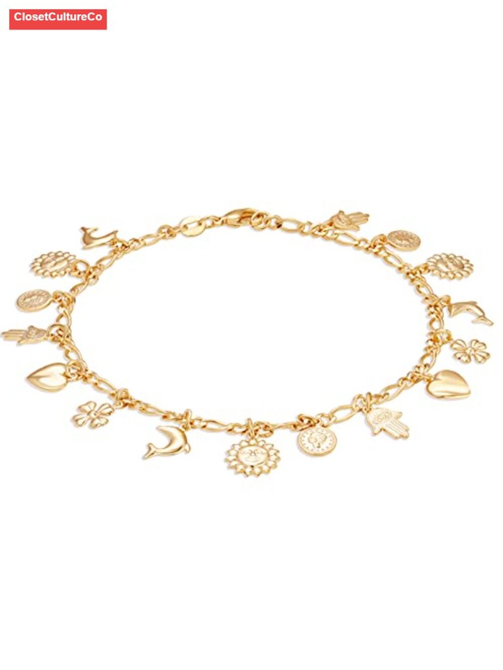 18K Gold Plated Multi Charm Anklet 10 Inch Summer Beach Jewelry